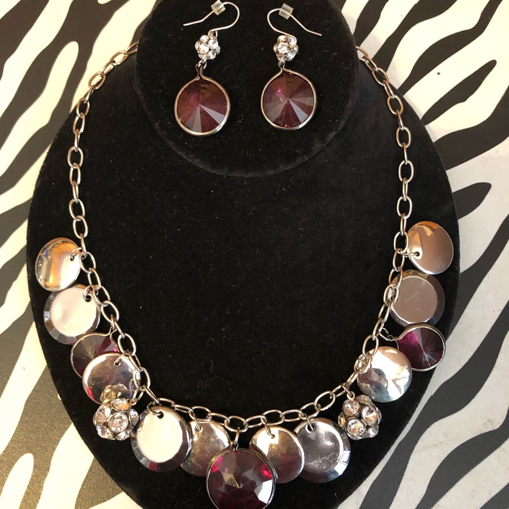 Necklace and earring silver & purple set